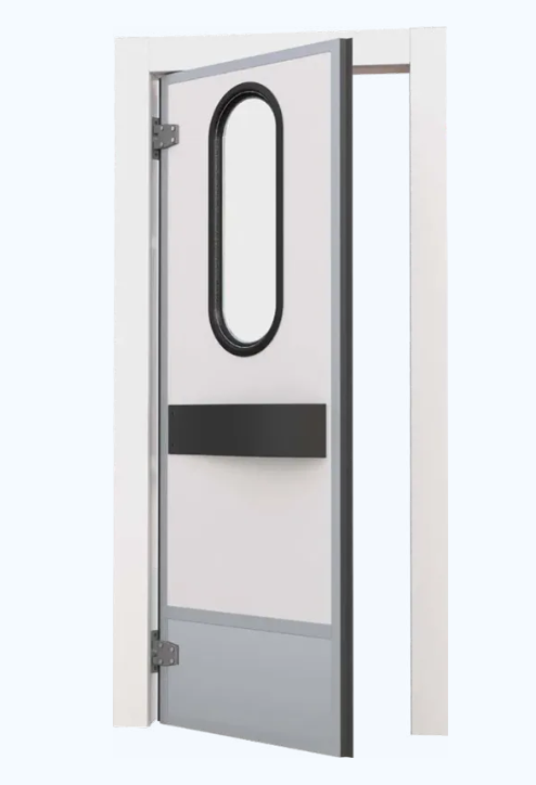 Semi-insulating bidirectional hinged door, used to divide processing areas with an heavy passage of people and/or trolleys.